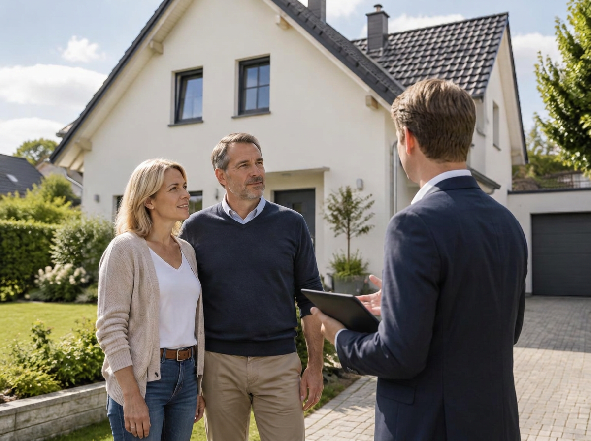 Ehepaar wird vor einem deutschen Haus von einem Energieberater beraten