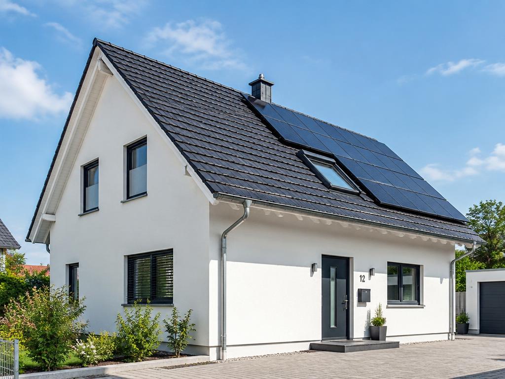 Frisch saniertes Dach eines deutschen Einfamilienhauses mit Photovoltaik