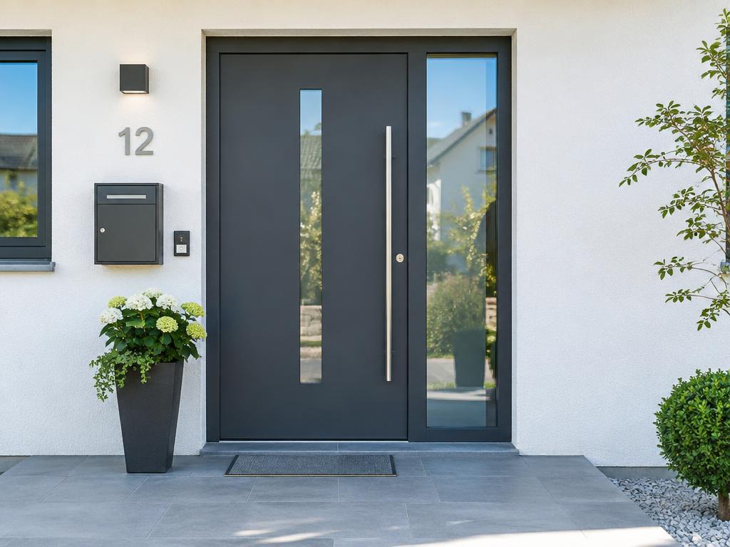 Neue moderne Haustür eines deutschen Einfamilienhauses
