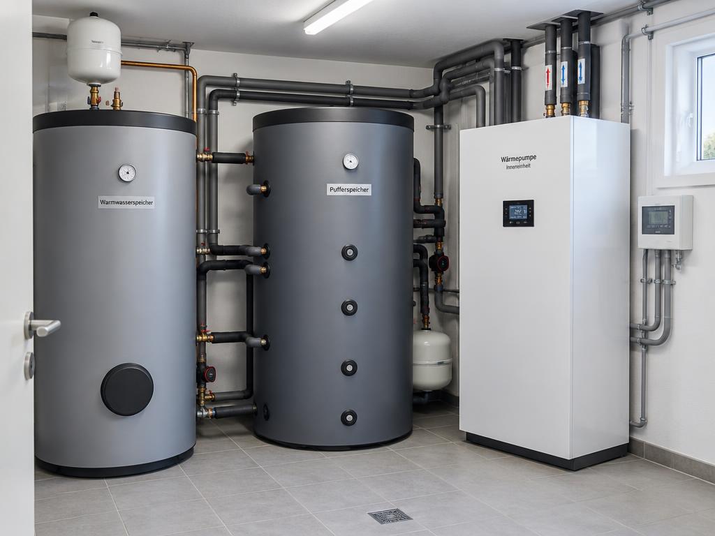 Heizungsraum mit Warmwassertank, Pufferspeicher und Wärmepumpen-Inneneinheit